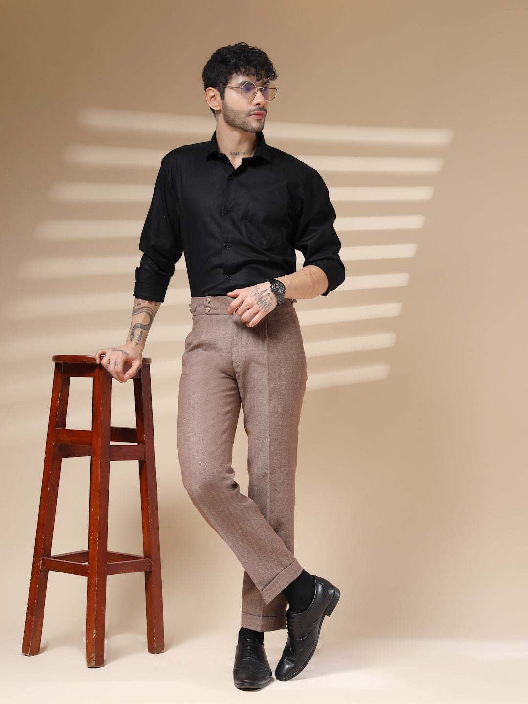 Khakhi Signature Buttoned Herringbone Gurkha Pants | Boot Cut Fit by ITALIAN VEGA®