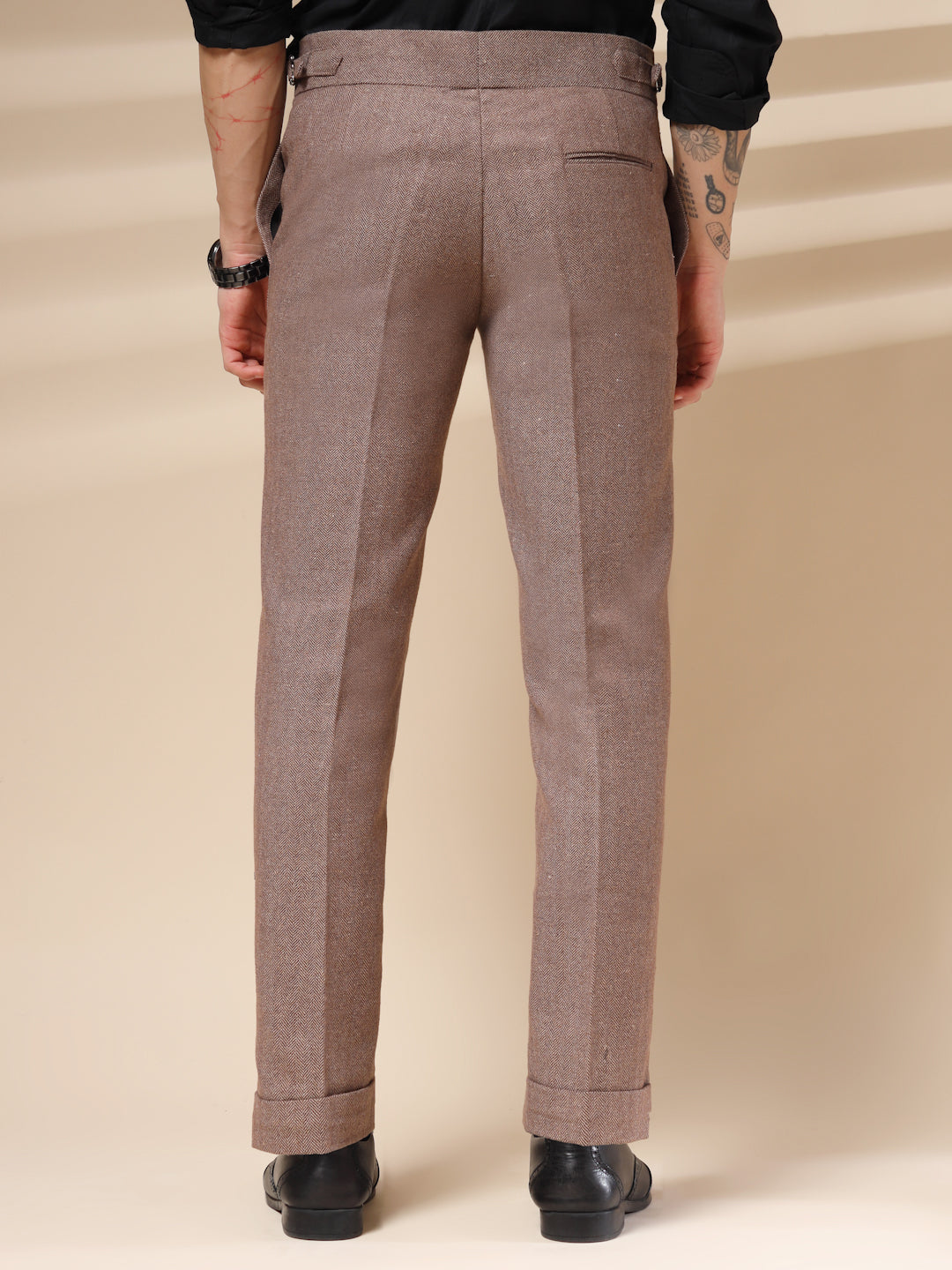 Khakhi Signature Buttoned Herringbone Gurkha Pants | Boot Cut Fit by ITALIAN VEGA®