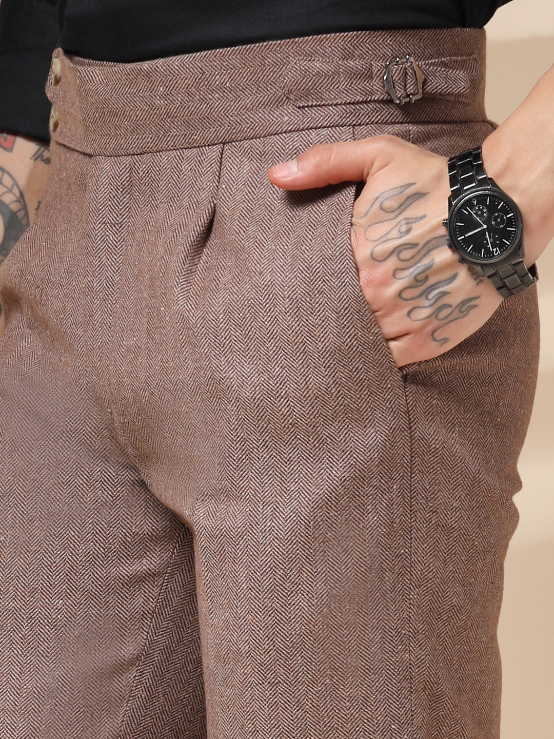 Khakhi Signature Buttoned Herringbone Gurkha Pants | Boot Cut Fit by ITALIAN VEGA®