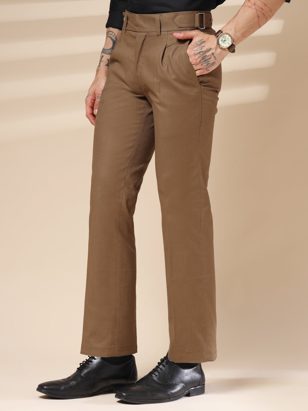 Khakhi Oxford Linen Gurkha Pants | Boot Cut Fit by ITALIAN VEGA®