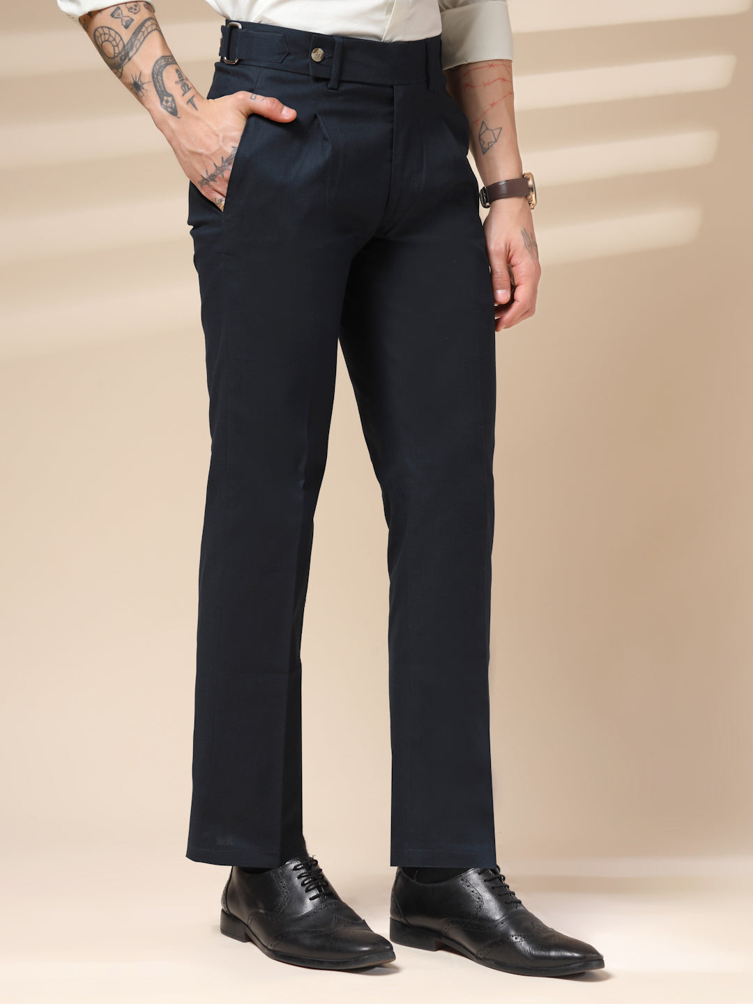 Navy Oxford Linen Gurkha Pants | Boot Cut Fit by ITALIAN VEGA®