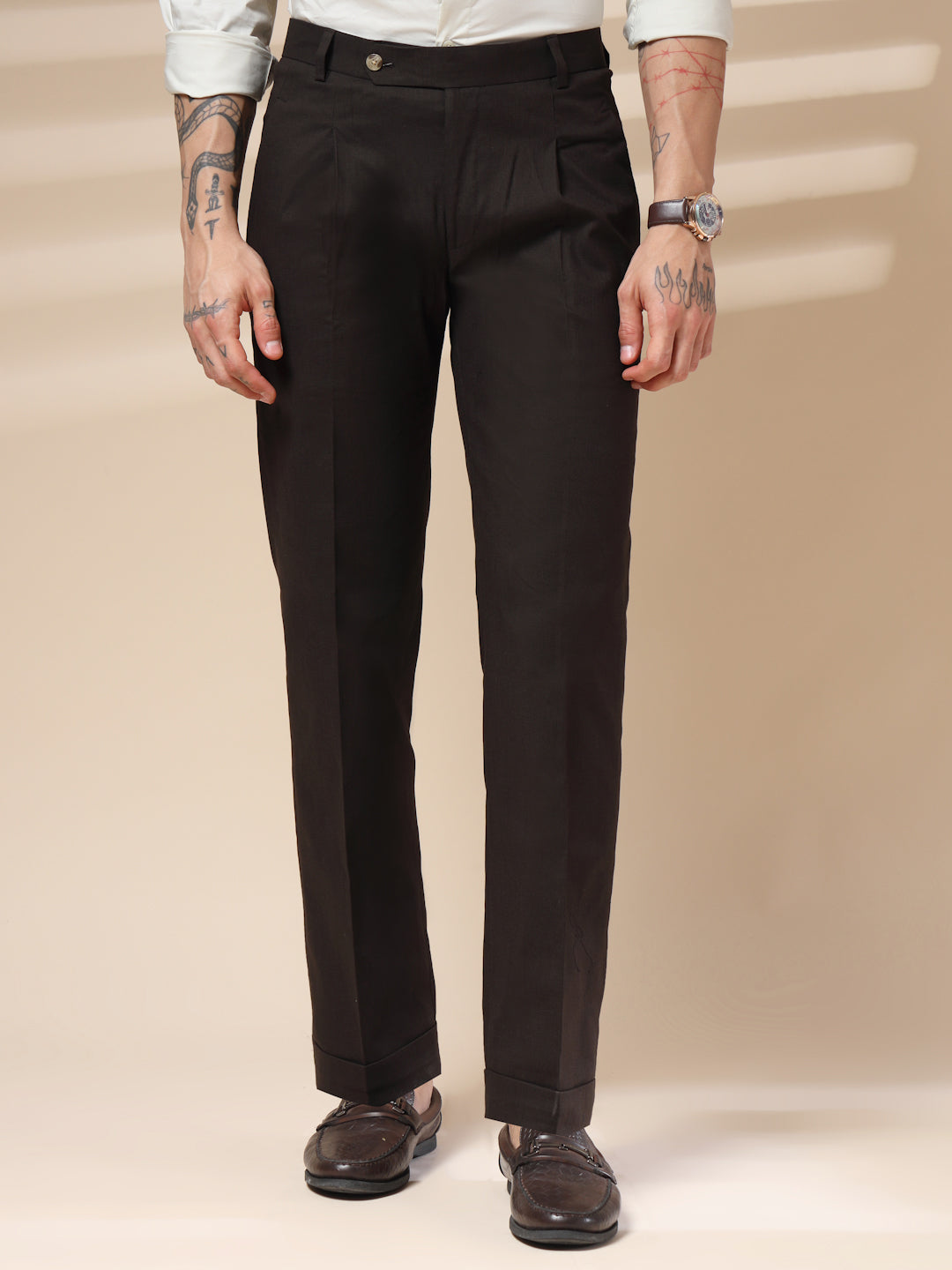 Brown Formal Pleated Linen Gurkha Pants | Boot Cut Fit by ITALIAN VEGA®