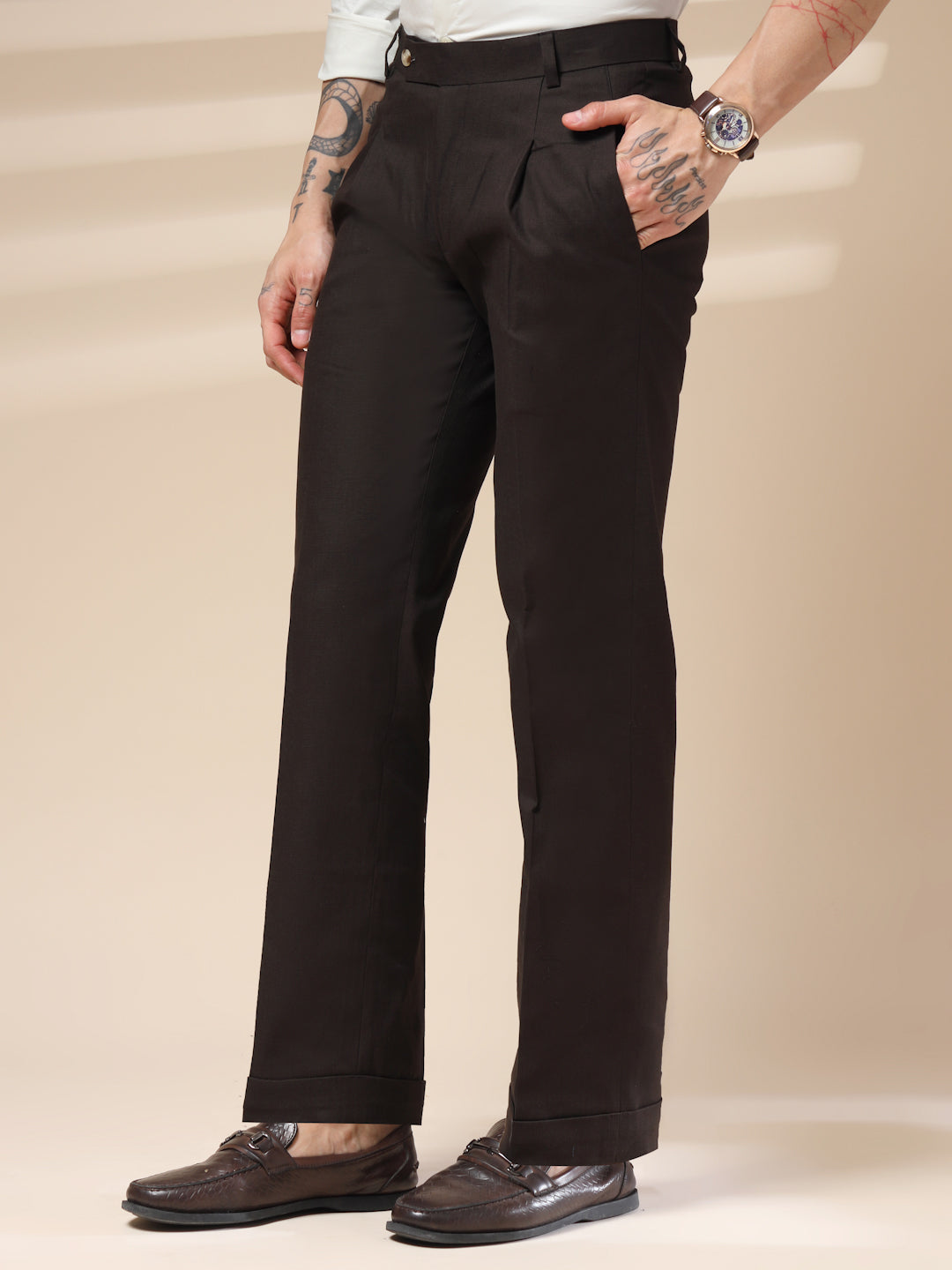 Brown Formal Pleated Linen Gurkha Pants | Boot Cut Fit by ITALIAN VEGA®