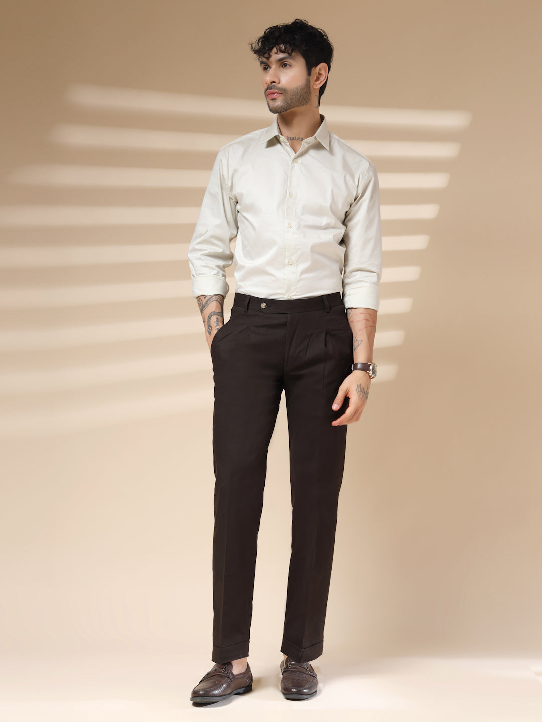 Brown Formal Pleated Linen Gurkha Pants | Boot Cut Fit by ITALIAN VEGA®