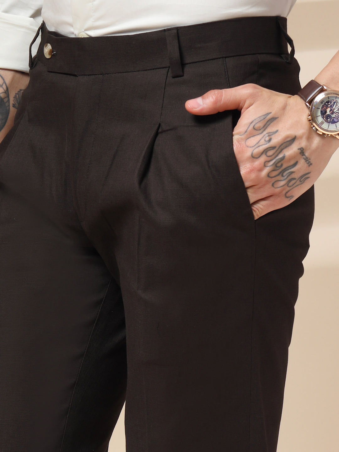 Brown Formal Pleated Linen Gurkha Pants | Boot Cut Fit by ITALIAN VEGA®