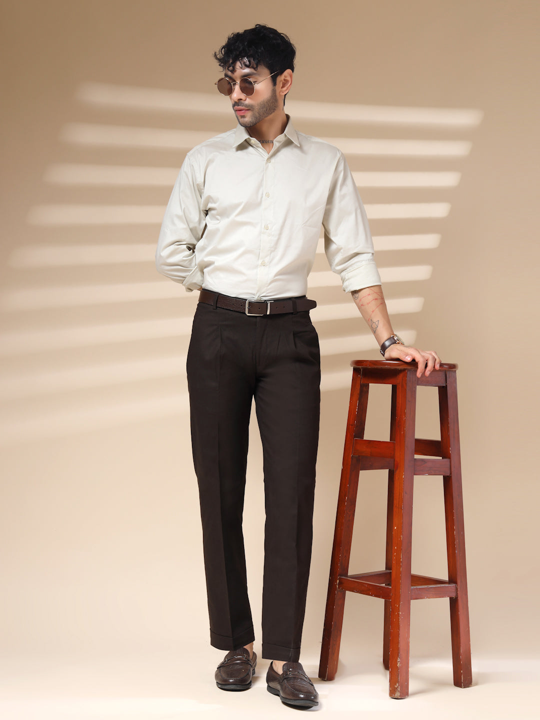 Brown Formal Pleated Linen Gurkha Pants | Boot Cut Fit by ITALIAN VEGA®