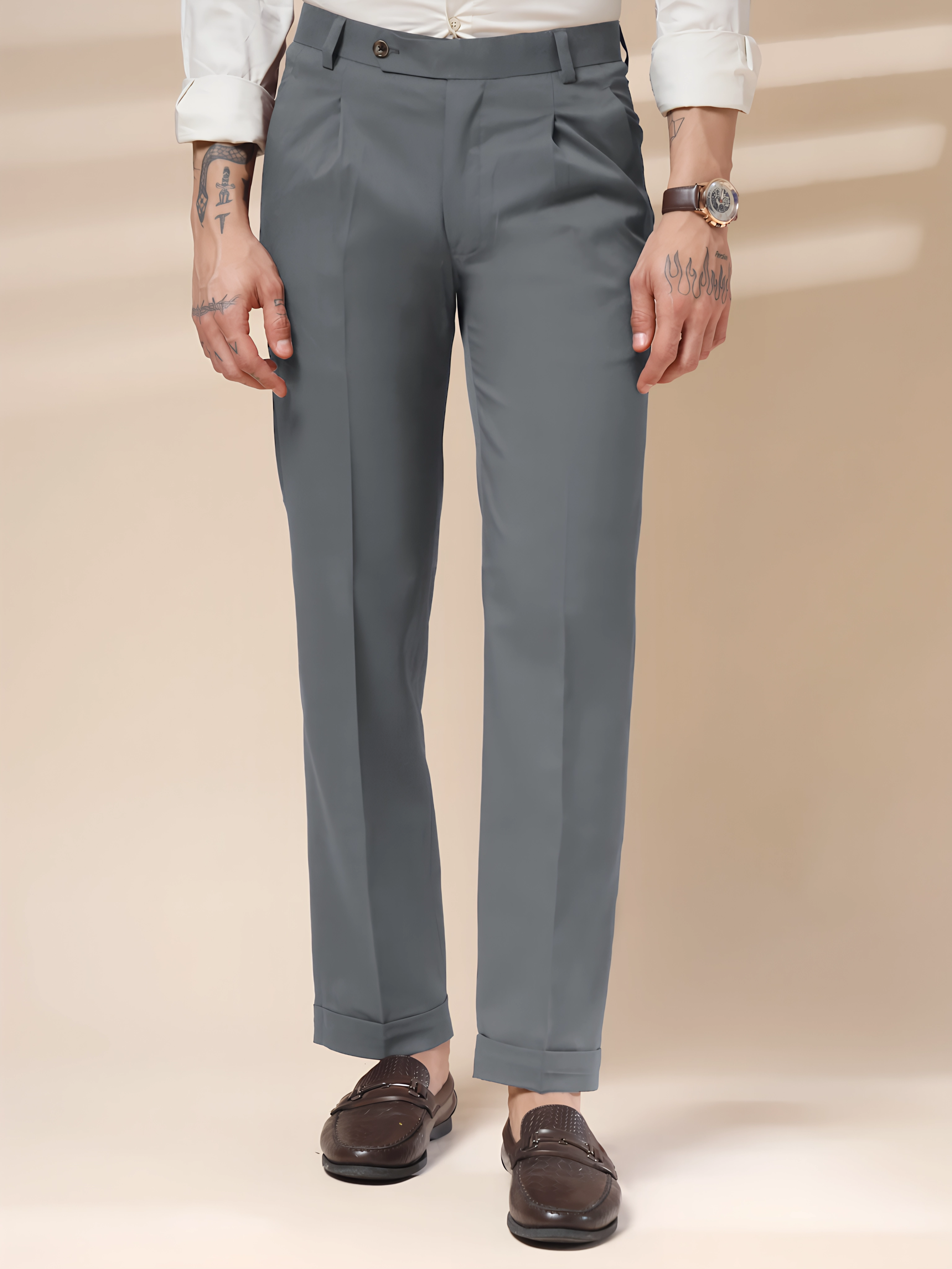 Stone Grey Men Pleated Trouser by ITALIAN VEGA®