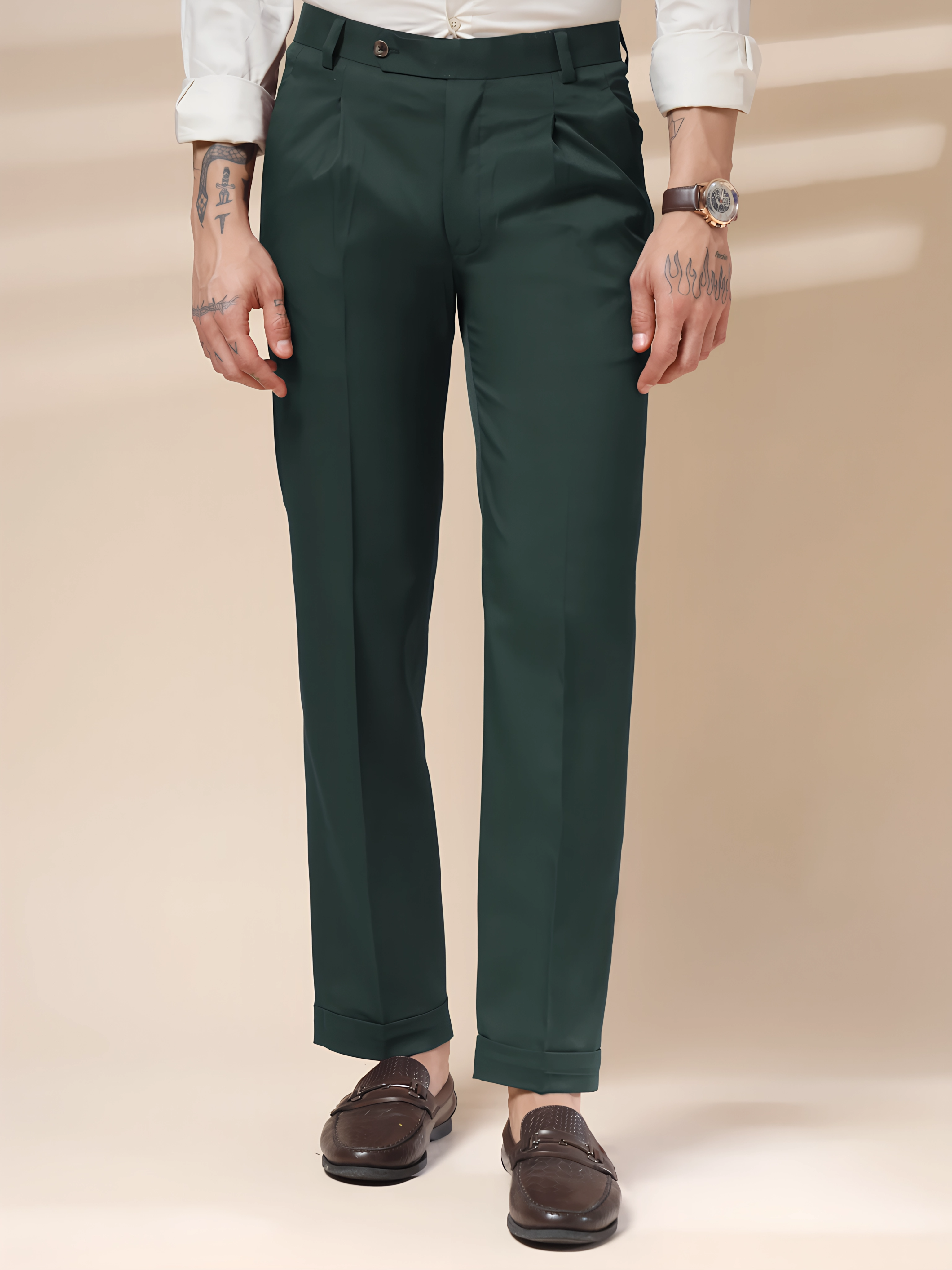 Bottle Green Men Pleated Trouser by ITALIAN VEGA®