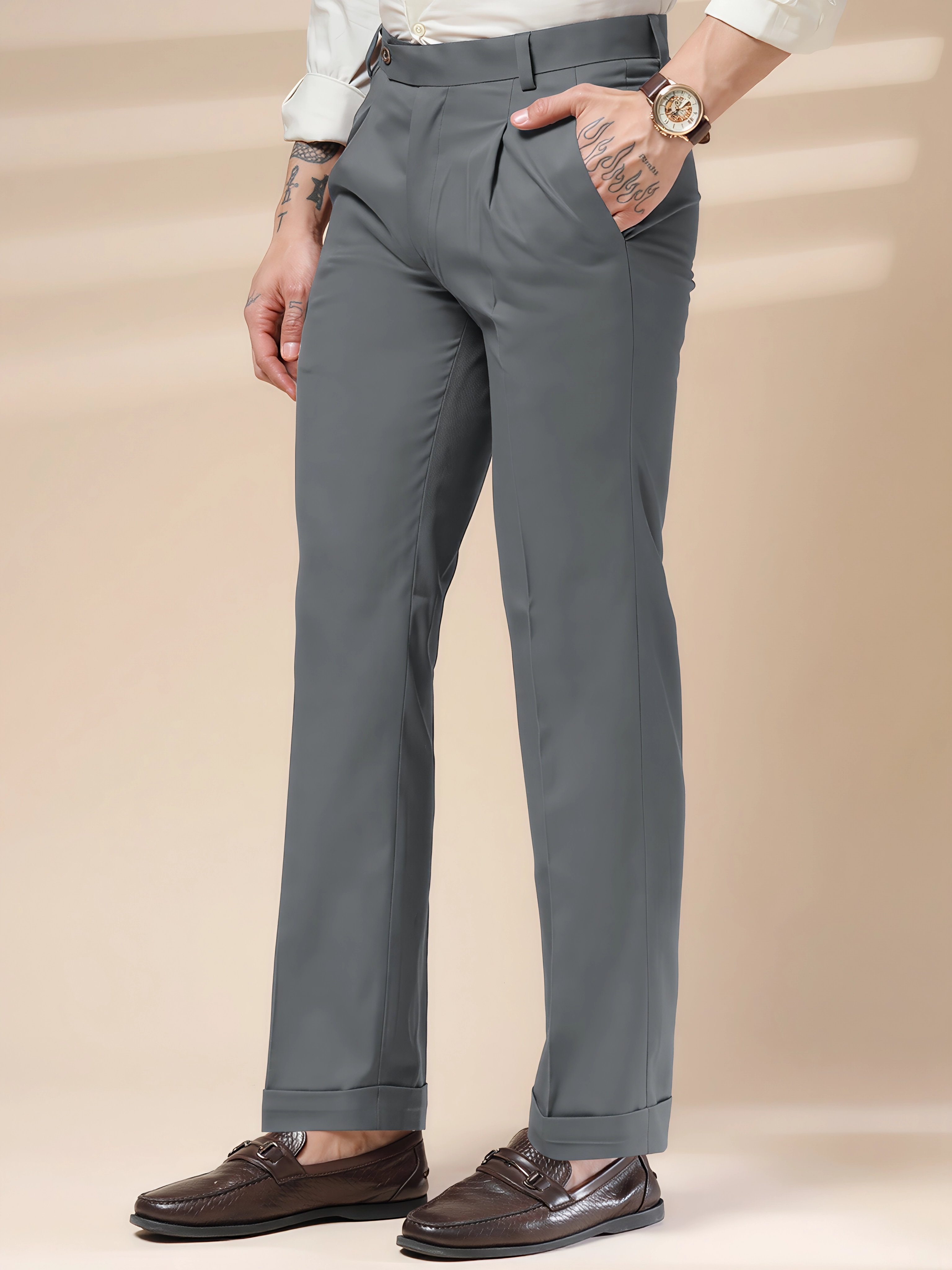 Stone Grey Men Pleated Trouser by ITALIAN VEGA®