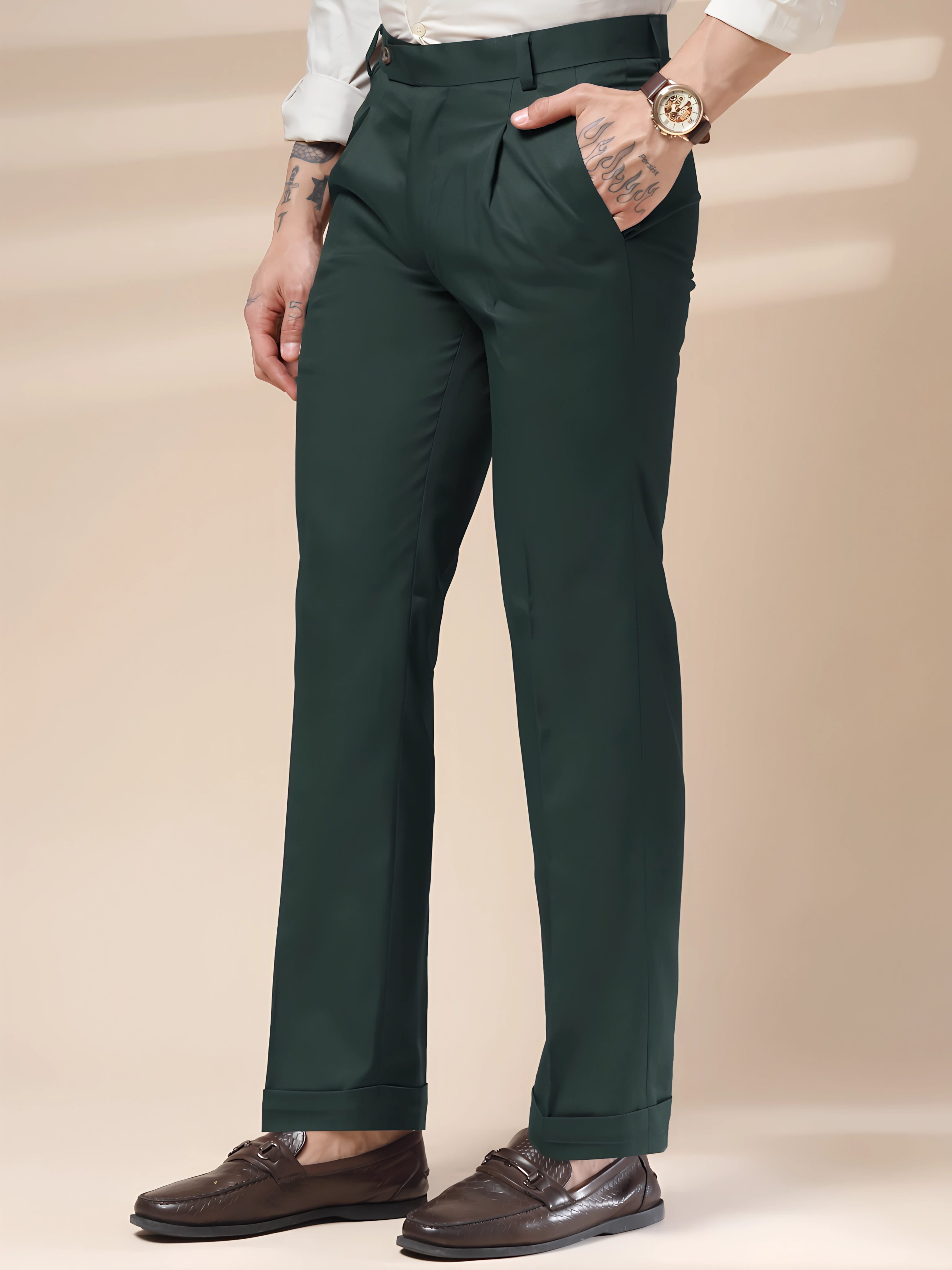 Bottle Green Men Pleated Trouser by ITALIAN VEGA®