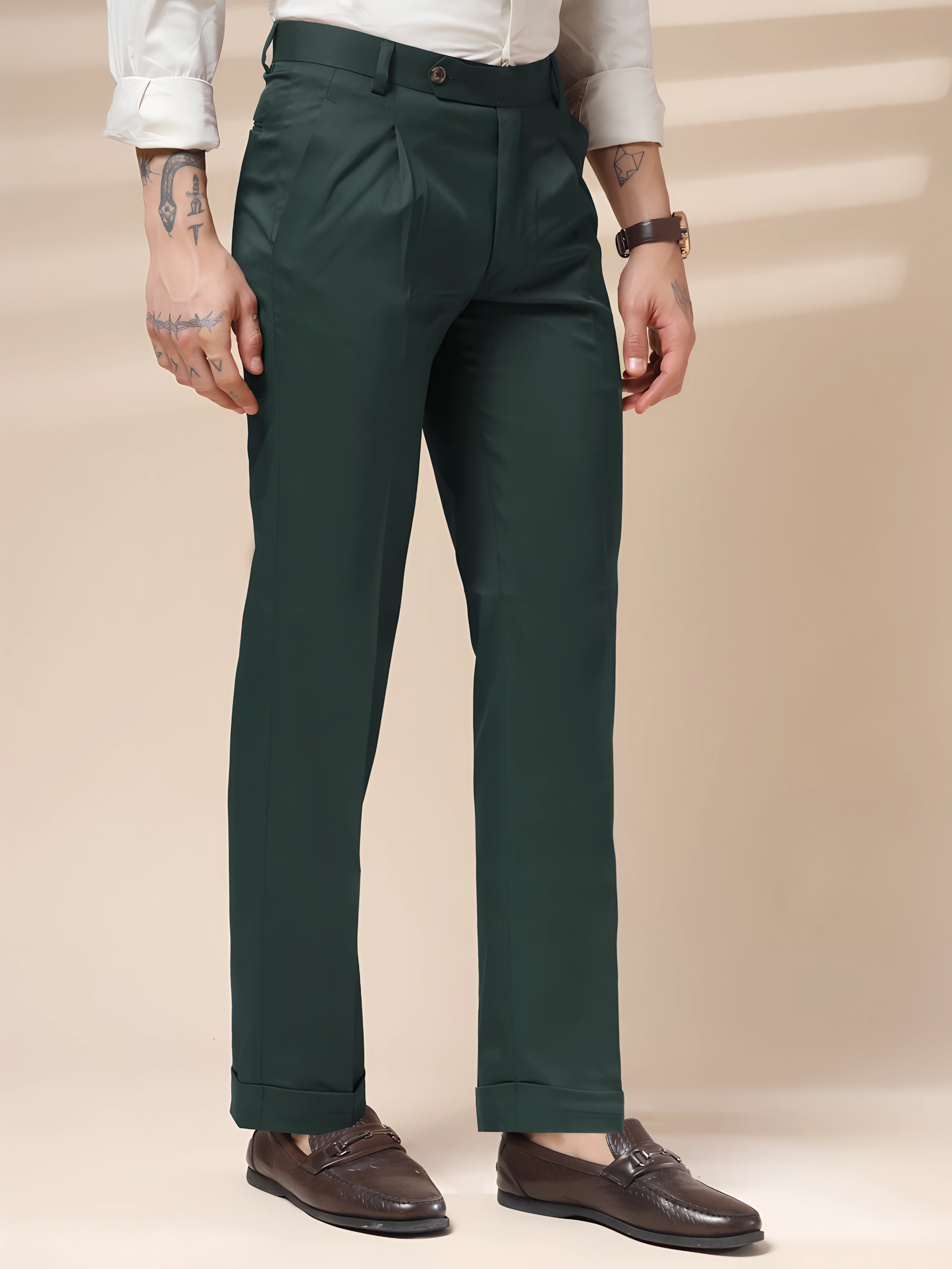 Bottle Green Men Pleated Trouser by ITALIAN VEGA®