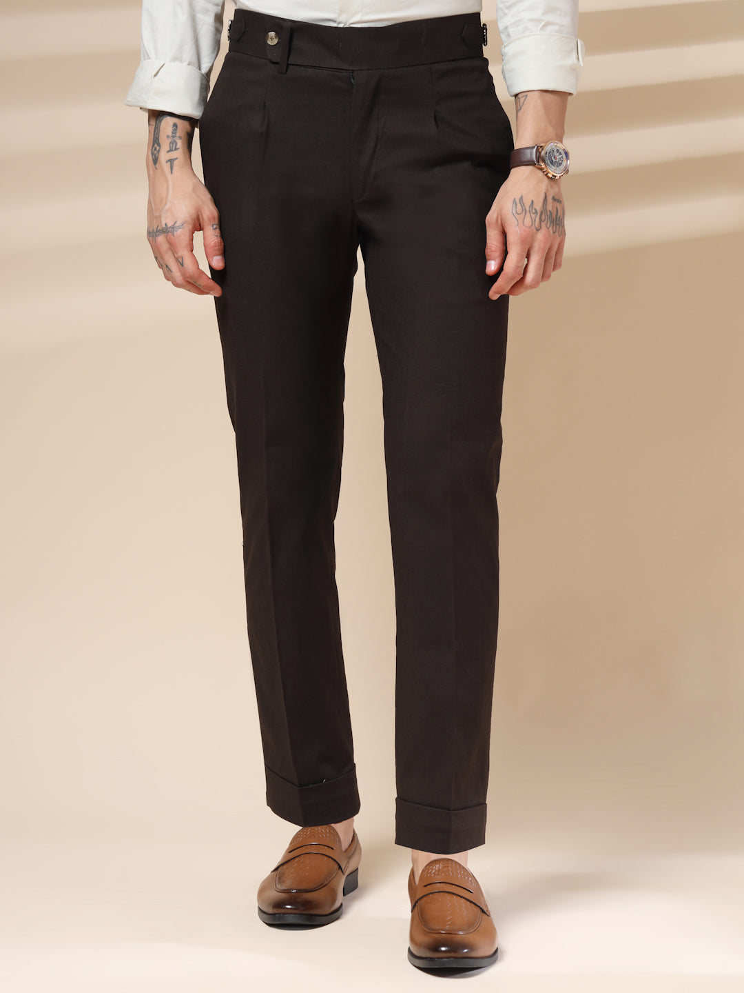 Brown Elegant Linen Gurkha Pants | Boot Cut Fit by ITALIAN VEGA®