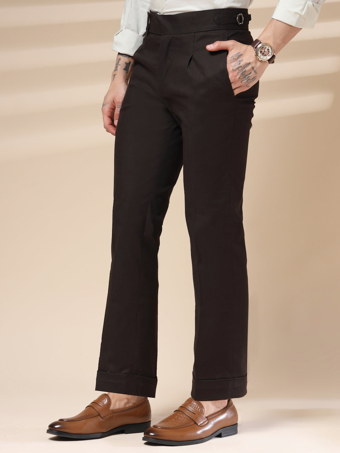 Brown Elegant Linen Gurkha Pants | Boot Cut Fit by ITALIAN VEGA®