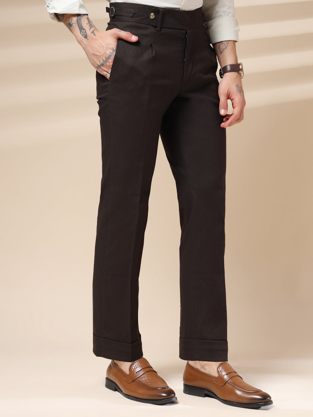 Brown Elegant Linen Gurkha Pants | Boot Cut Fit by ITALIAN VEGA®