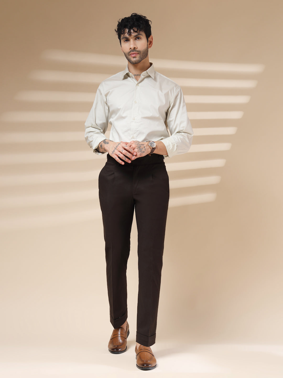 Brown Elegant Linen Gurkha Pants | Boot Cut Fit by ITALIAN VEGA®