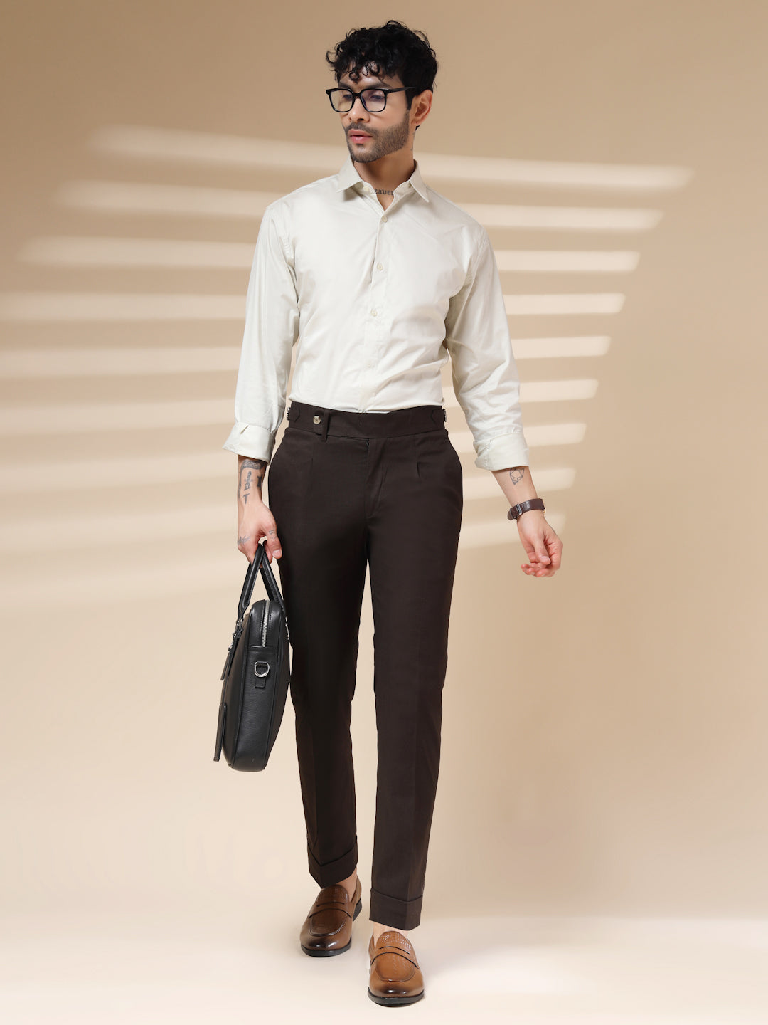 Brown Elegant Linen Gurkha Pants | Boot Cut Fit by ITALIAN VEGA®