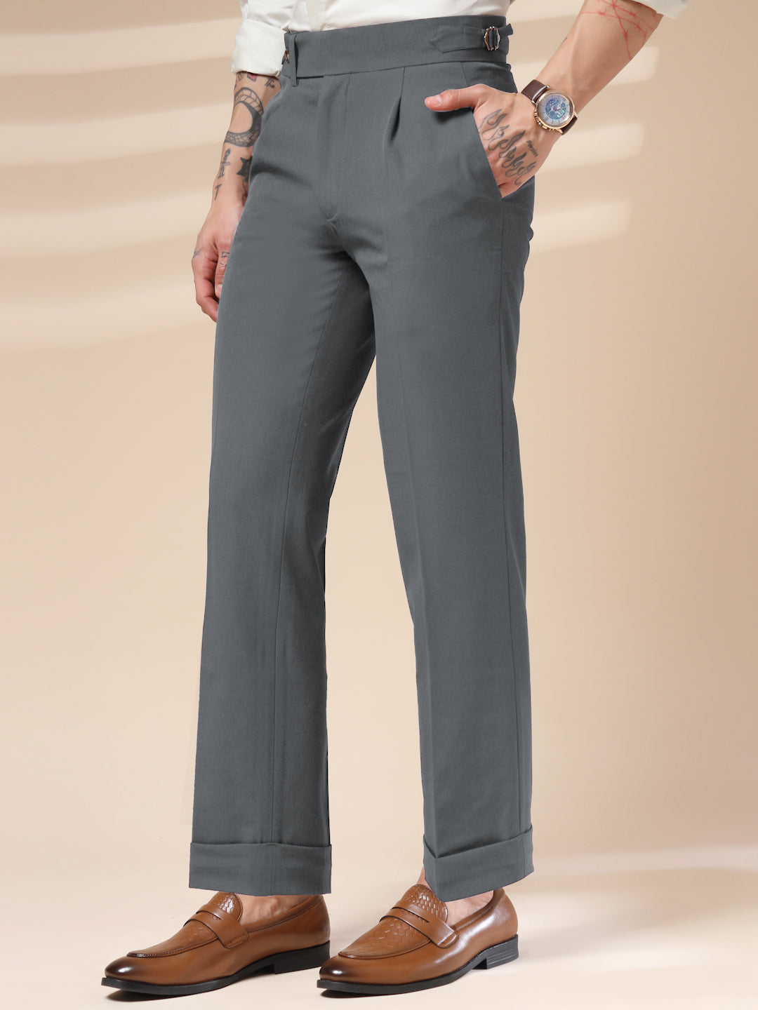Stone Grey Italian Elegant Gurkha Trousers by ITALIAN VEGA®