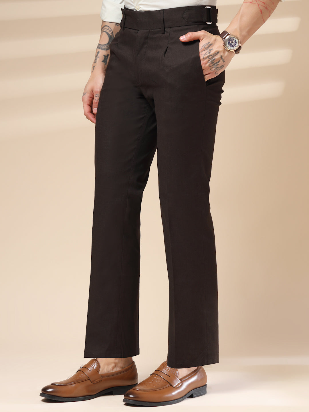 Brown Oxford Linen Gurkha Pants | Boot Cut Fit by ITALIAN VEGA®