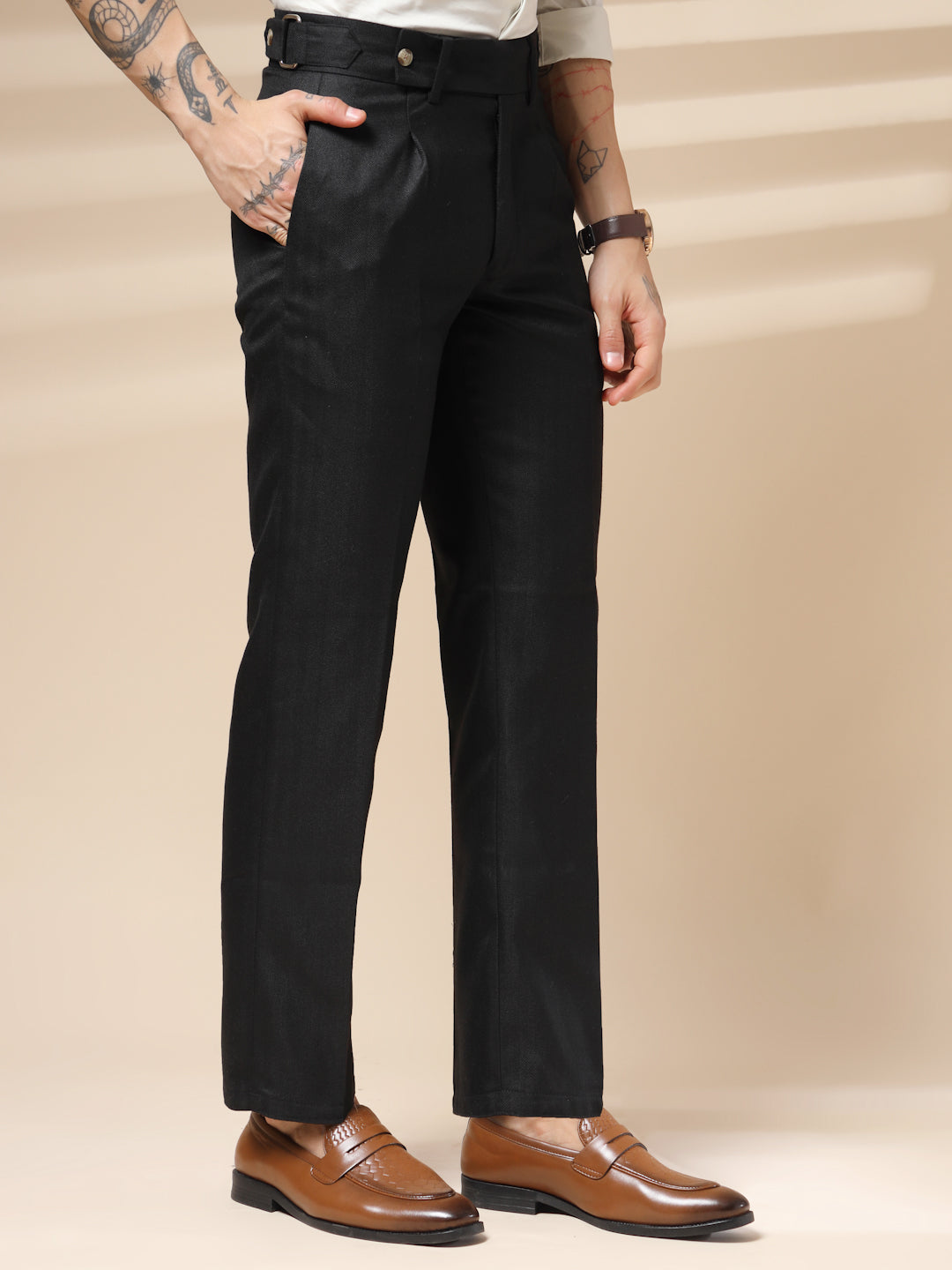 Black Oxford Herringbone Gurkha Pants | Boot Cut Fit by ITALIAN VEGA®