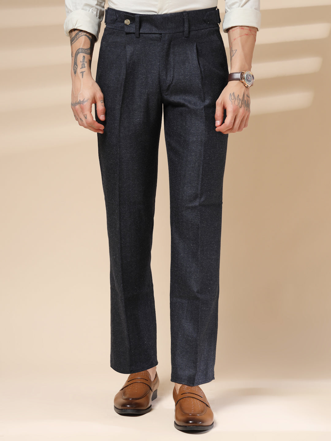 Navy Oxford Herringbone Gurkha Pants | Boot Cut Fit by ITALIAN VEGA®