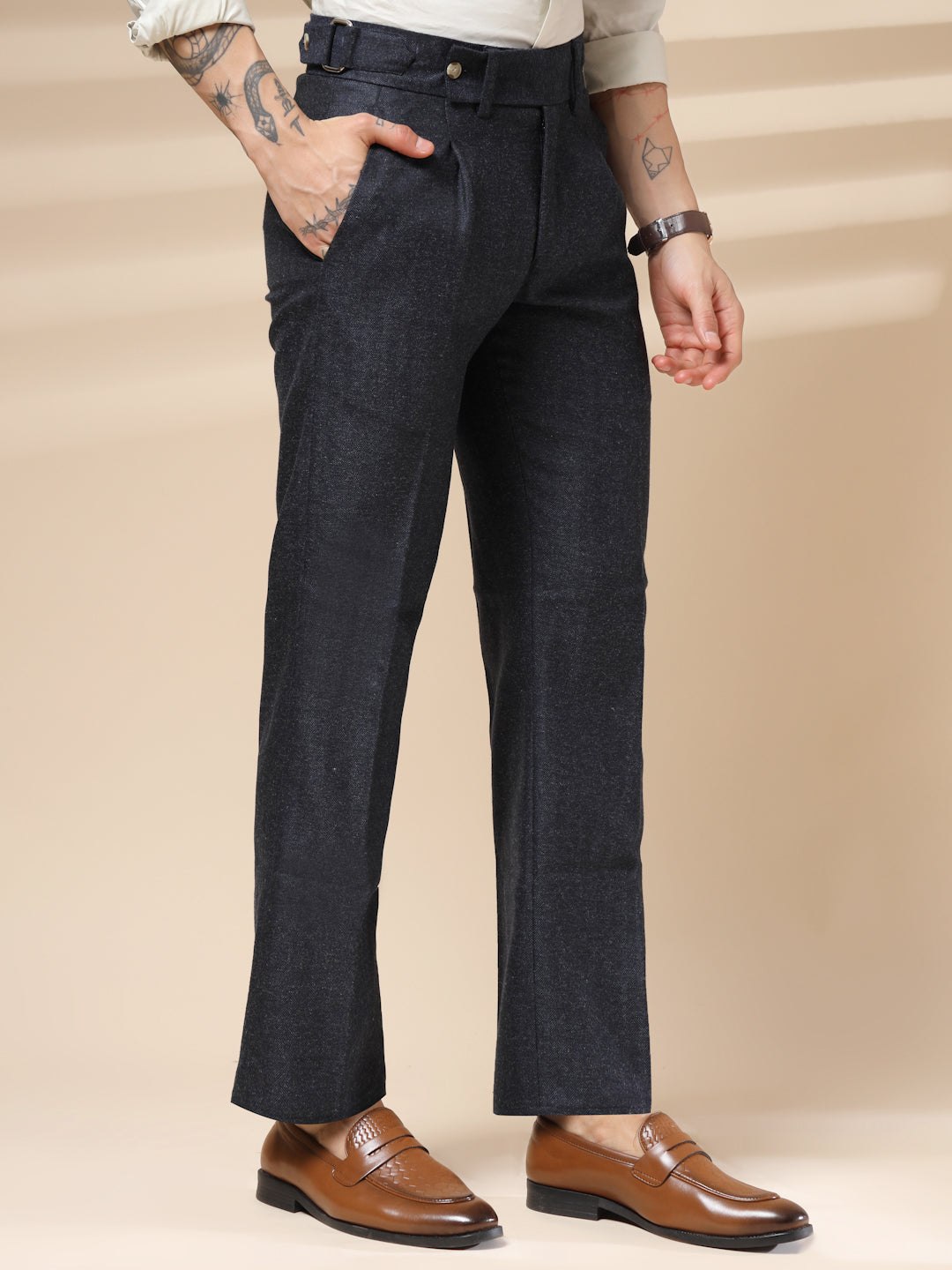 Navy Oxford Herringbone Gurkha Pants | Boot Cut Fit by ITALIAN VEGA®