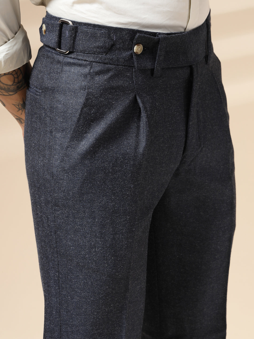 Navy Oxford Herringbone Gurkha Pants | Boot Cut Fit by ITALIAN VEGA®