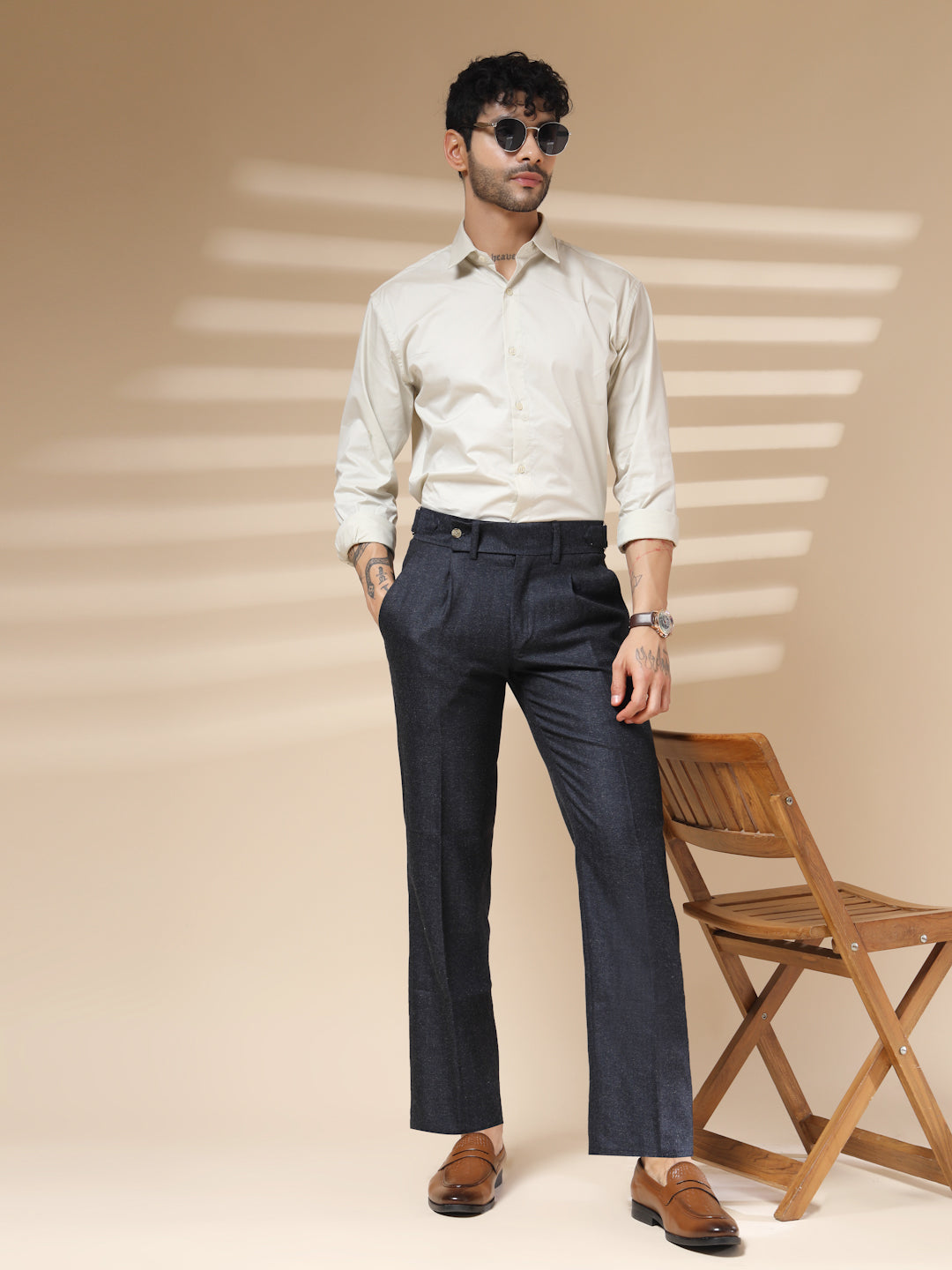 Navy Oxford Herringbone Gurkha Pants | Boot Cut Fit by ITALIAN VEGA®