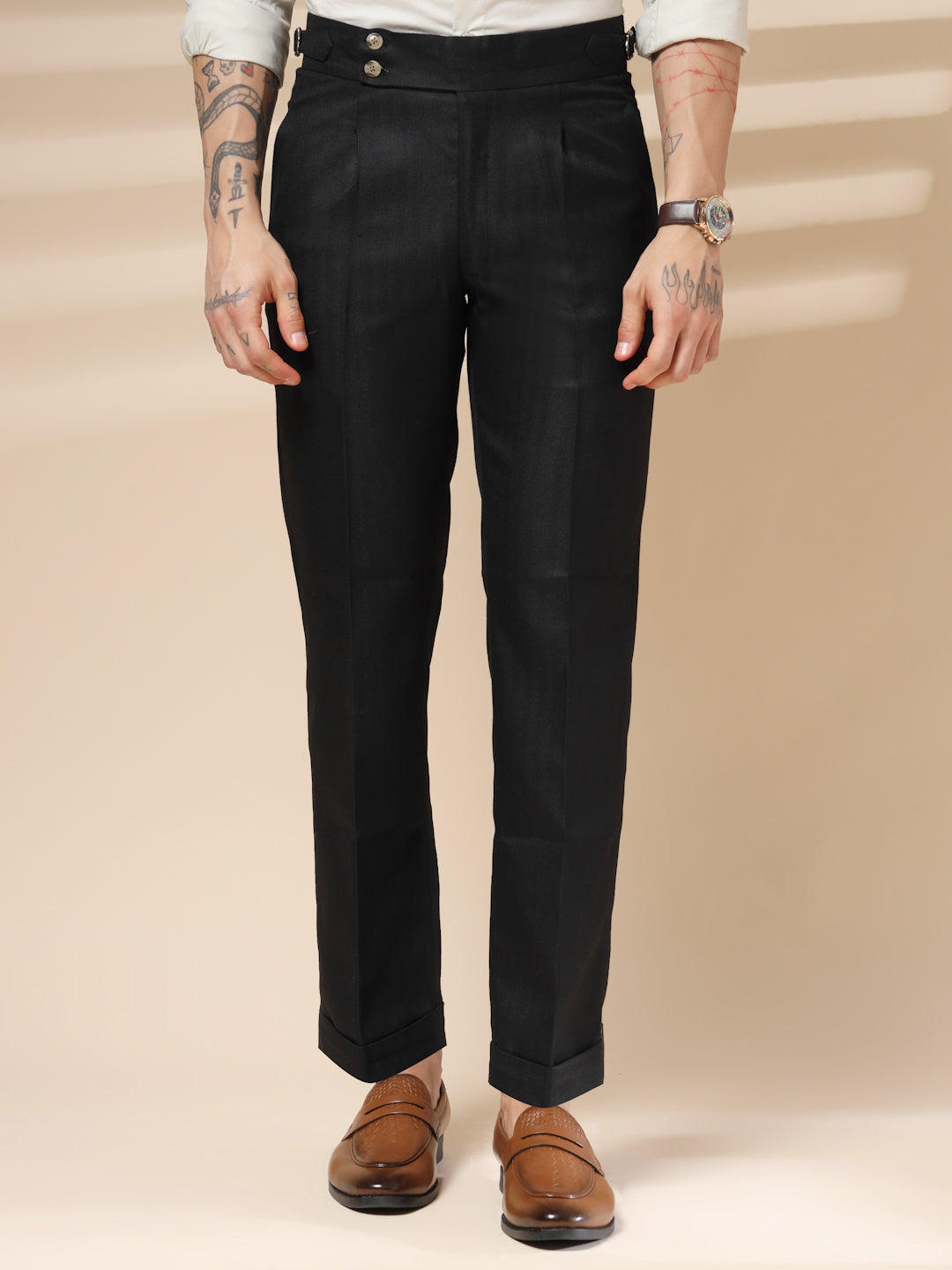 Black Signature Buttoned Herringbone Gurkha Pants | Boot Cut Fit by ITALIAN VEGA®