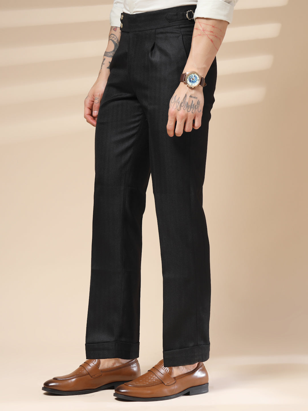 Black Signature Buttoned Herringbone Gurkha Pants | Boot Cut Fit by ITALIAN VEGA®