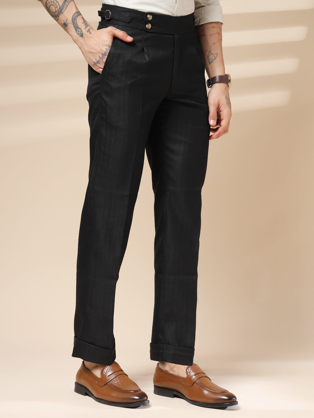 Black Signature Buttoned Herringbone Gurkha Pants | Boot Cut Fit by ITALIAN VEGA®
