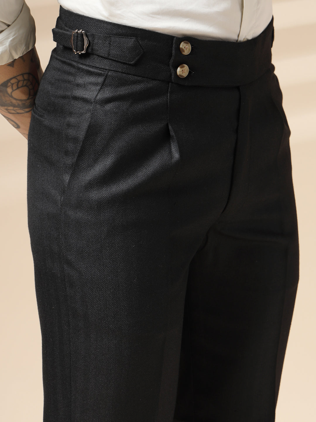 Black Signature Buttoned Herringbone Gurkha Pants | Boot Cut Fit by ITALIAN VEGA®