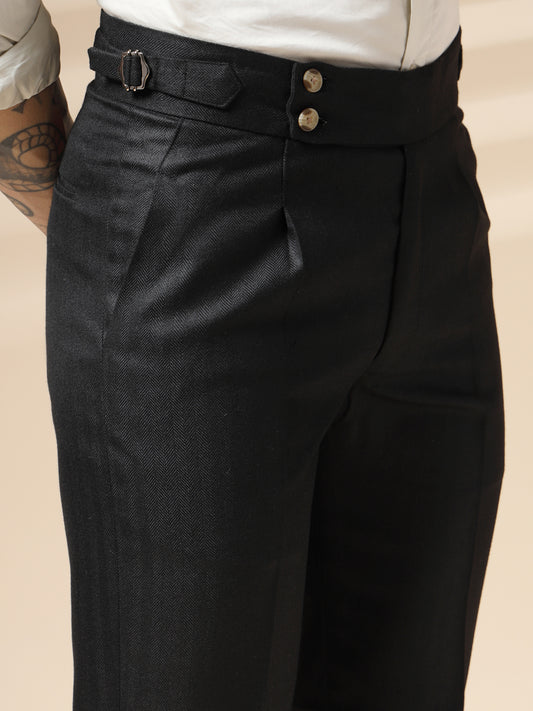 Black Signature Buttoned Herringbone Gurkha Pants | Boot Cut Fit by Italian Vega®