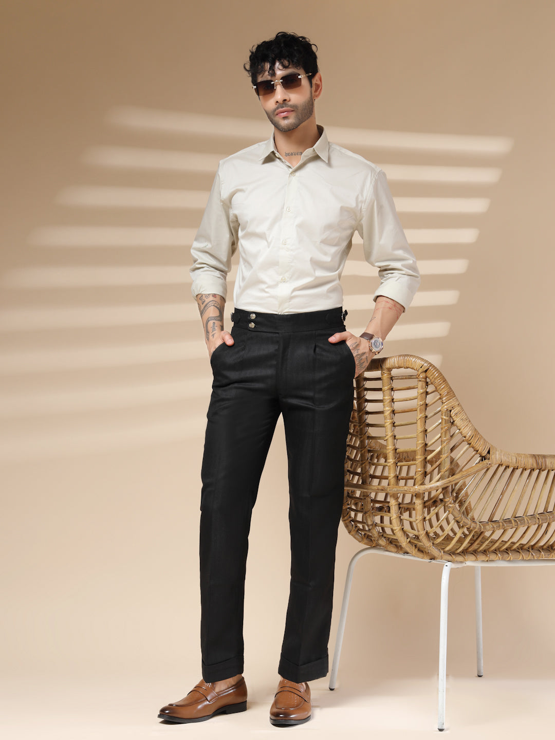 Black Signature Buttoned Herringbone Gurkha Pants | Boot Cut Fit by ITALIAN VEGA®