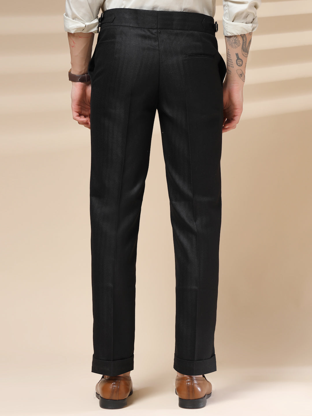 Black Signature Buttoned Herringbone Gurkha Pants | Boot Cut Fit by ITALIAN VEGA®
