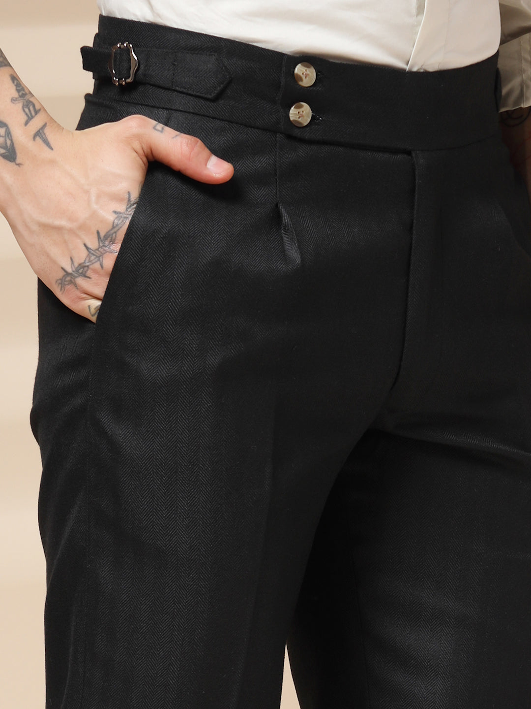Black Signature Buttoned Herringbone Gurkha Pants | Boot Cut Fit by ITALIAN VEGA®