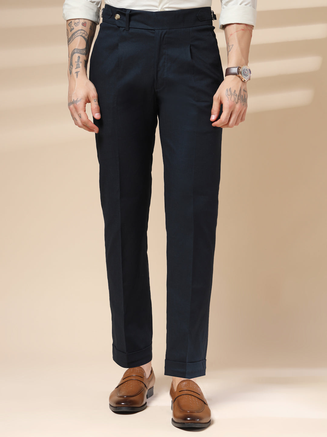 Navy Elegant Linen Gurkha Pants | Boot Cut Fit by ITALIAN VEGA®