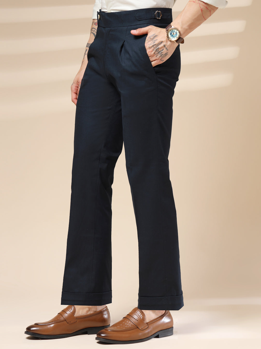 Navy Elegant Linen Gurkha Pants | Boot Cut Fit by ITALIAN VEGA®