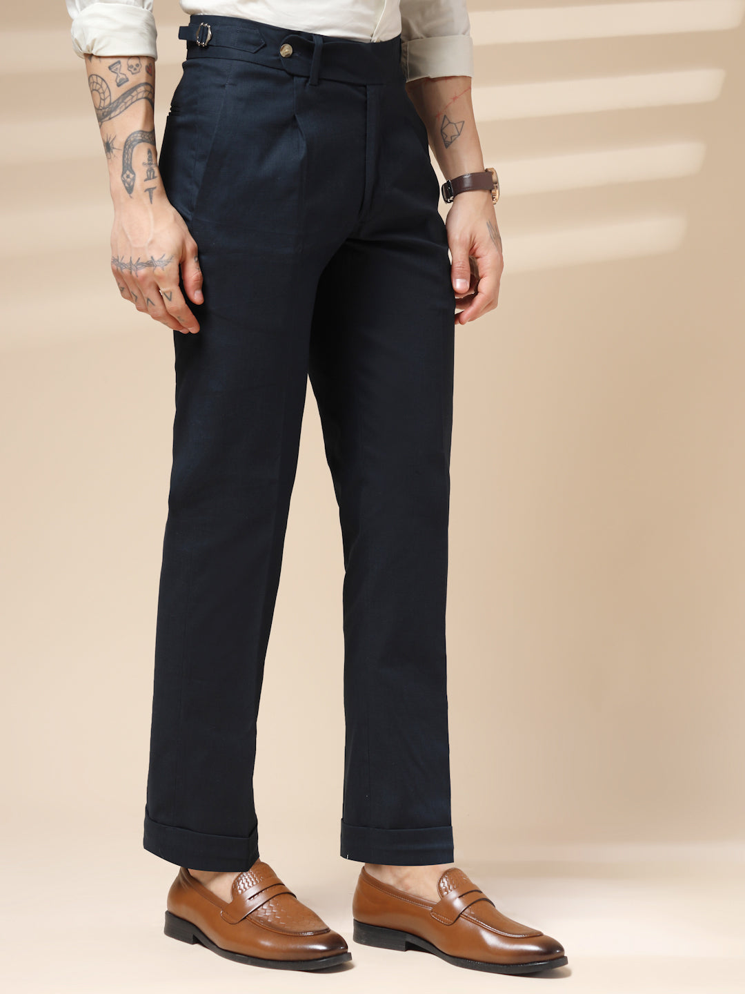 Navy Elegant Linen Gurkha Pants | Boot Cut Fit by ITALIAN VEGA®