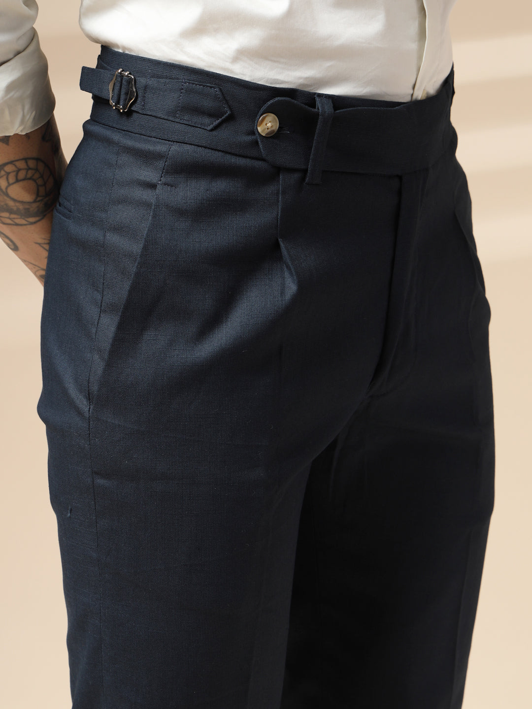 Navy Elegant Linen Gurkha Pants | Boot Cut Fit by ITALIAN VEGA®