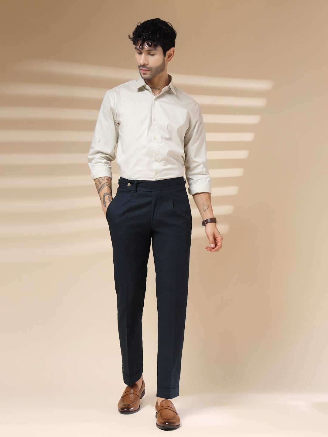 Navy Elegant Linen Gurkha Pants | Boot Cut Fit by ITALIAN VEGA®