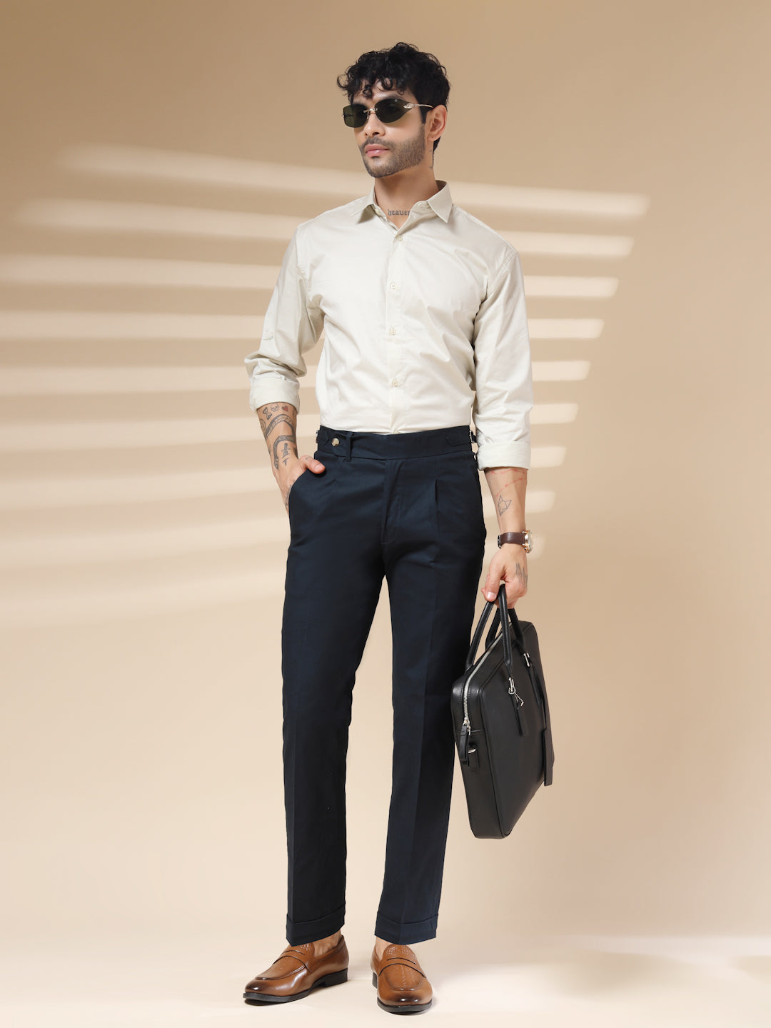 Navy Elegant Linen Gurkha Pants | Boot Cut Fit by ITALIAN VEGA®
