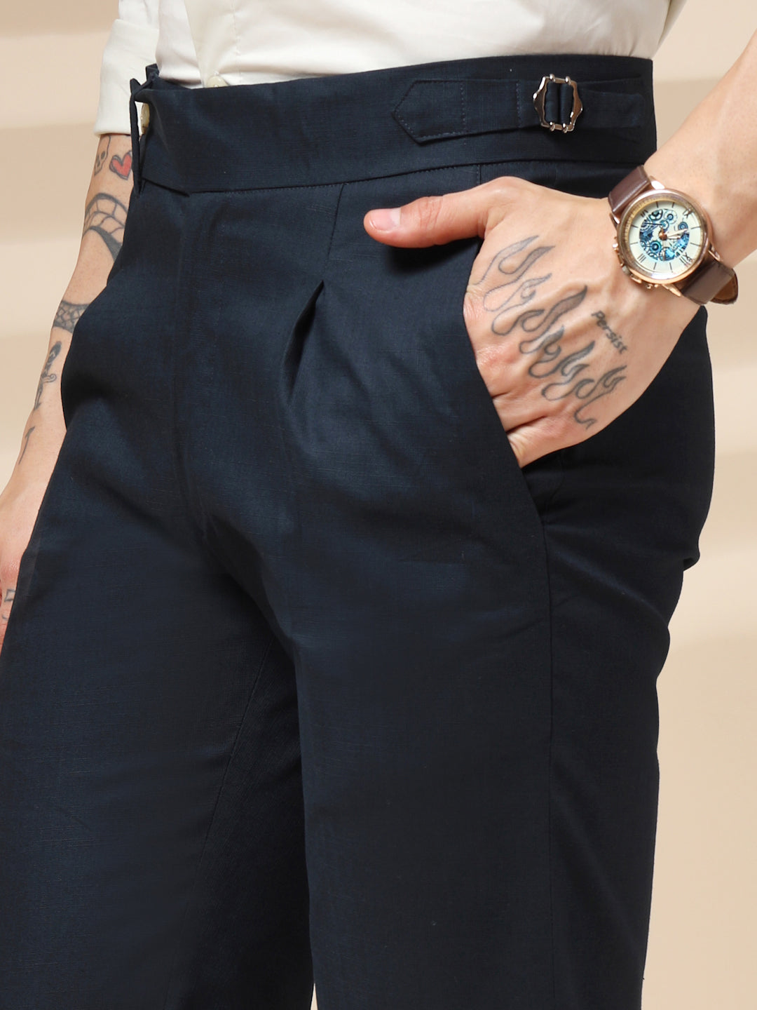 Navy Elegant Linen Gurkha Pants | Boot Cut Fit by ITALIAN VEGA®