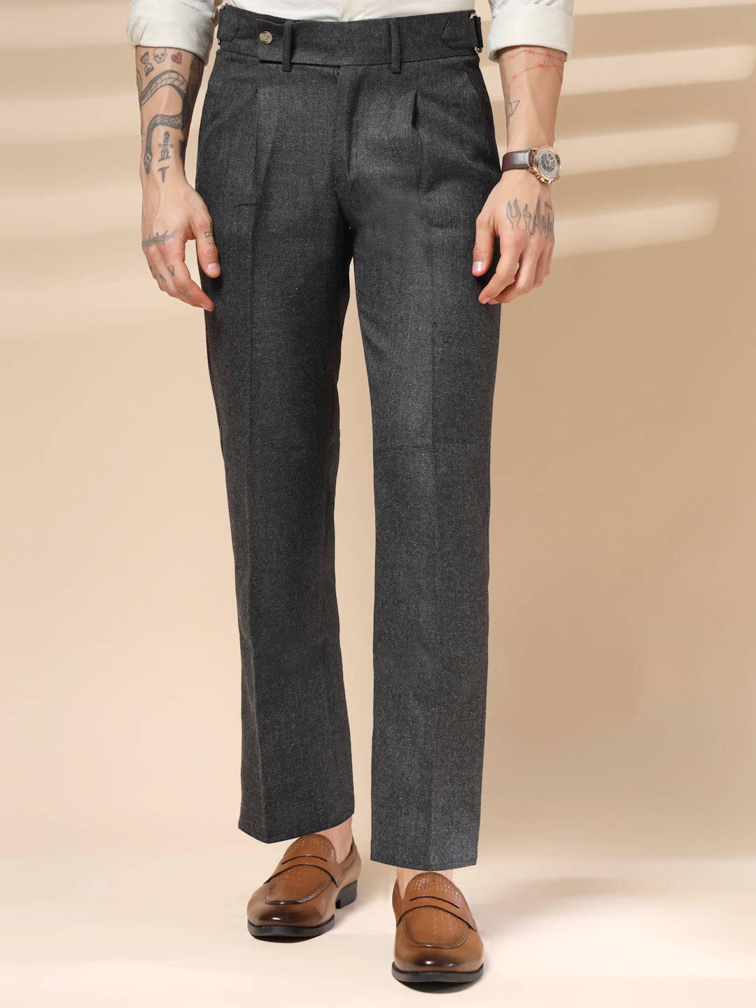 Grey Oxford Herringbone Gurkha Pants | Boot Cut Fit by ITALIAN VEGA®