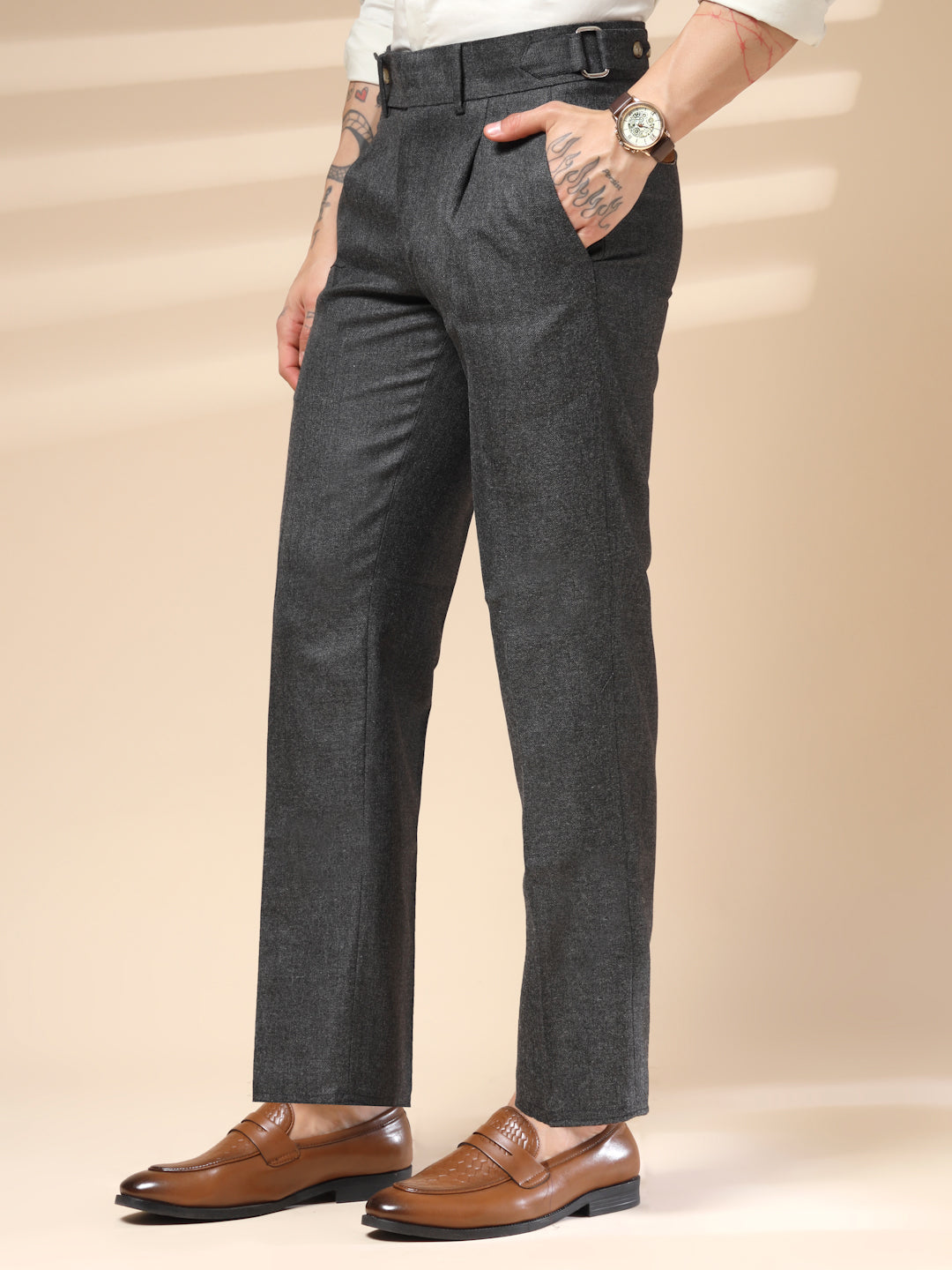 Grey Oxford Herringbone Gurkha Pants | Boot Cut Fit by ITALIAN VEGA®