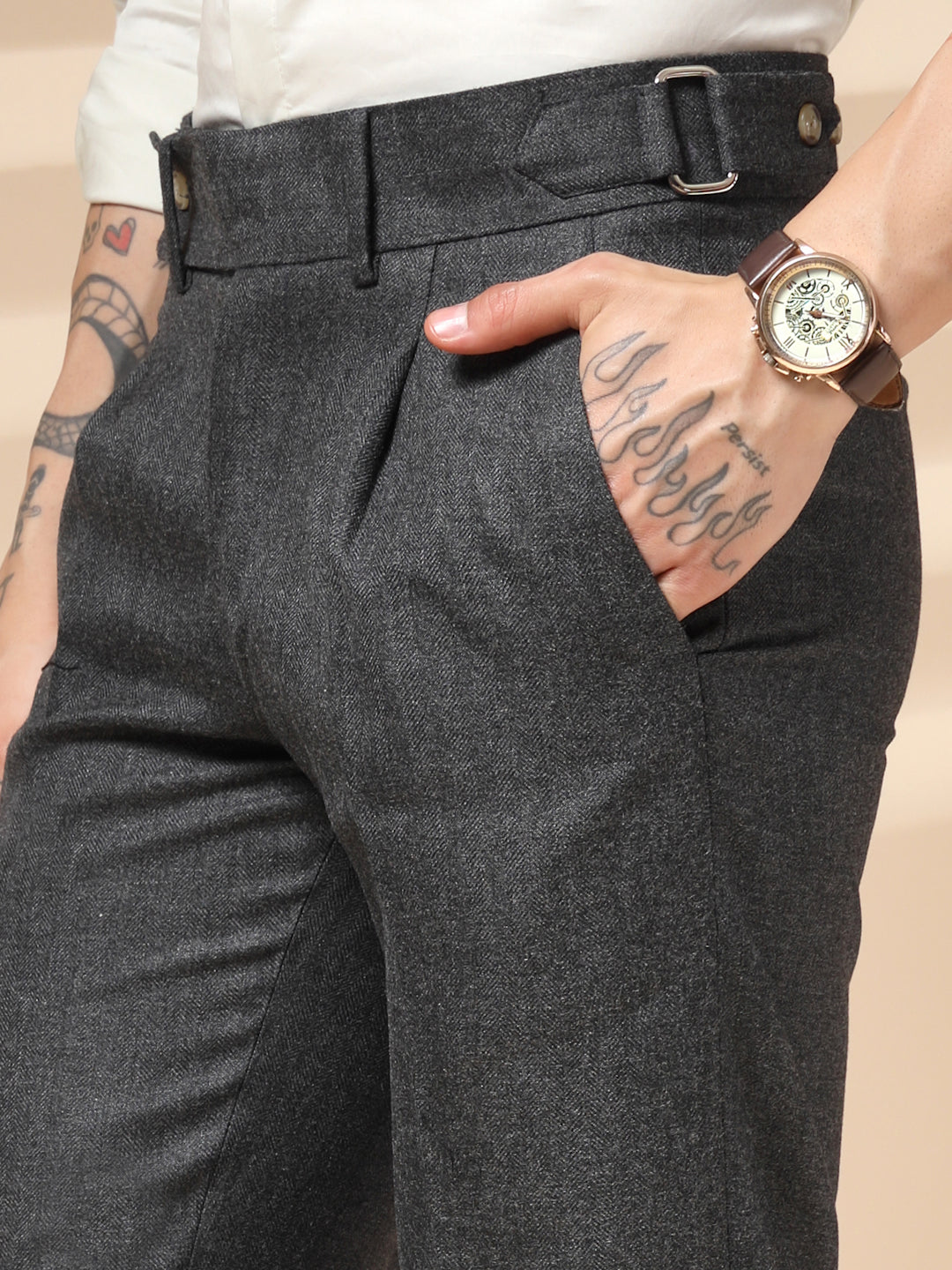 Grey Oxford Herringbone Gurkha Pants | Boot Cut Fit by ITALIAN VEGA®