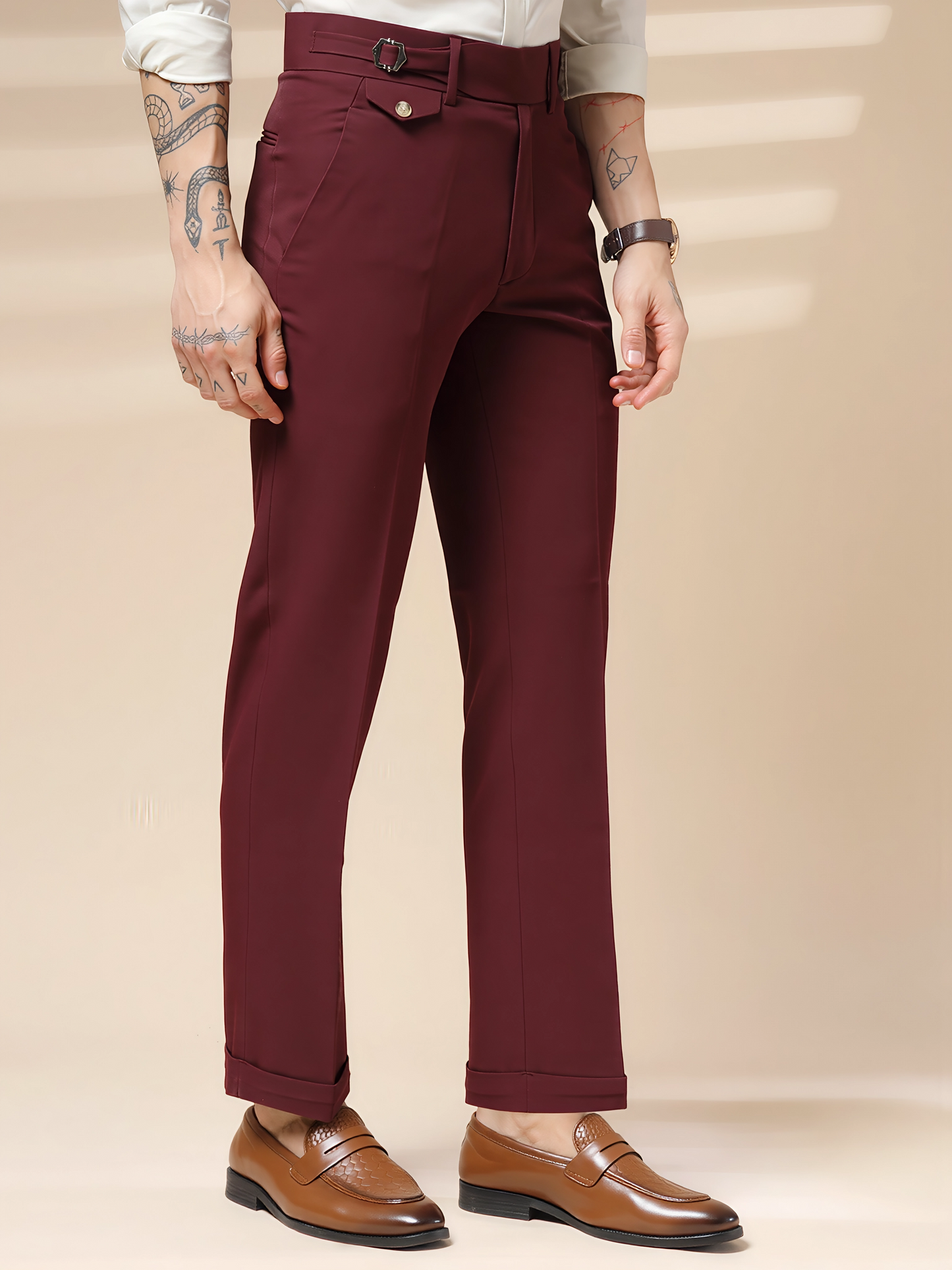 Wine Single Buckle Gurkha Pants