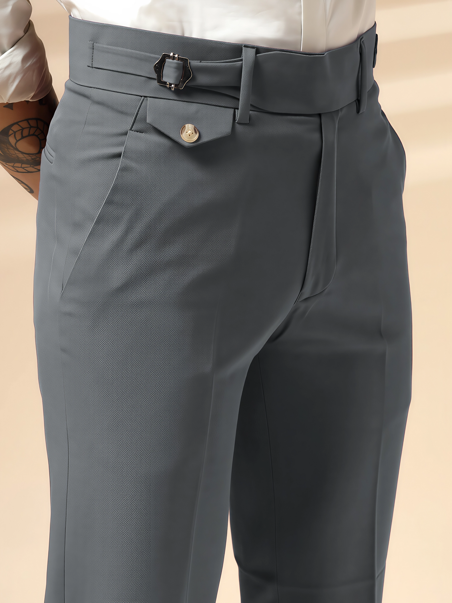 Stone Grey Single Buckle Gurkha Pants