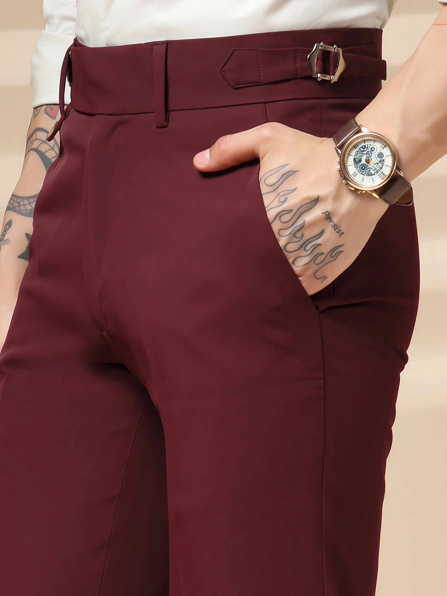 Wine Single Buckle Gurkha Pants