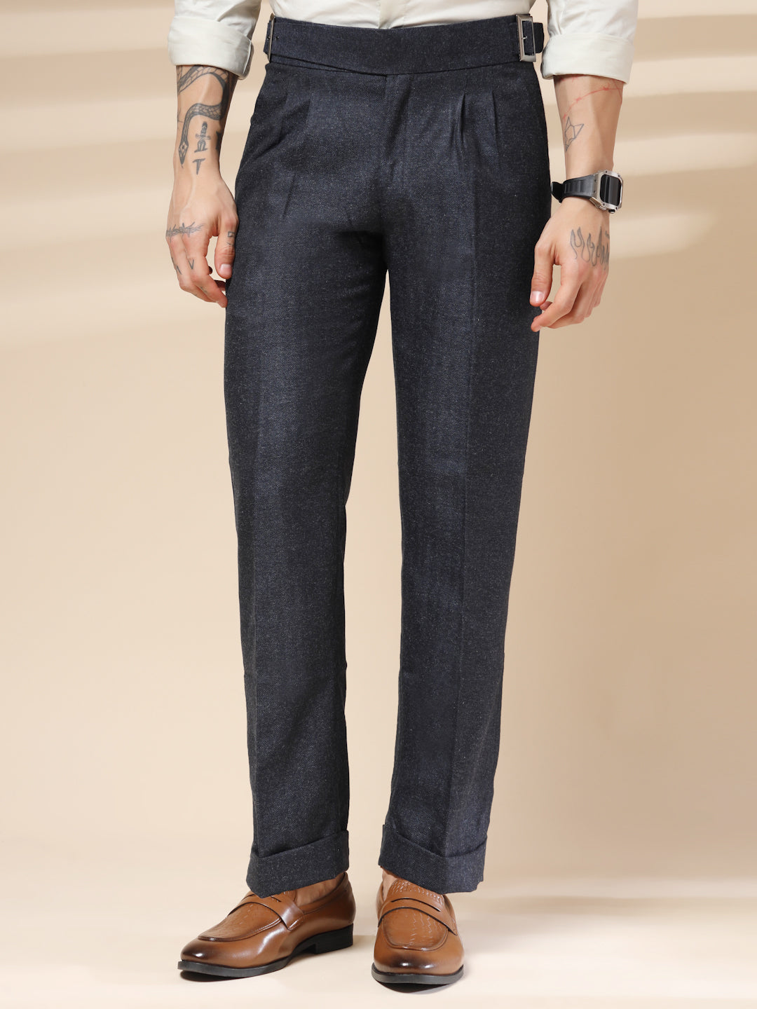 Navy Classic Buckle Herringbone Gurkha Pants | Boot Cut Fit by ITALIAN VEGA®