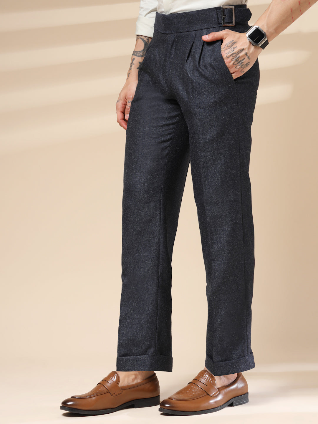 Navy Classic Buckle Herringbone Gurkha Pants | Boot Cut Fit by ITALIAN VEGA®